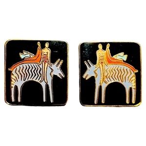 Laurel Burch Fantasy Friends Earrings Vintage Grey Gold Red Eclectic Enamel 90’s